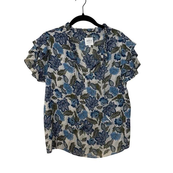 Revolve MISA Los Angeles Blue Green Floral Maria Ruffle Blouse Size Small - Picture 4 of 9